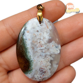 Oval Plume Agate necklace, natural Khorasan Schajar gemstone with green moss patterns