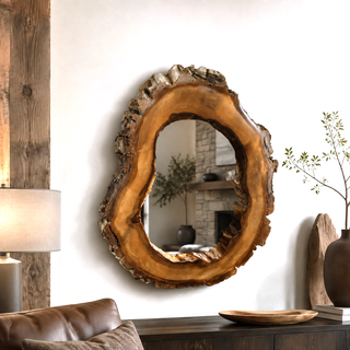 آینه دیواری چوب گردو طبیعی با قاب ارگانیک شیک مدرن مینیمال
